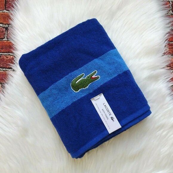NWT Lacoste Bath Towel Big Crocodile Alligator Logo 30"x52" Blue - Picture 1 of 9